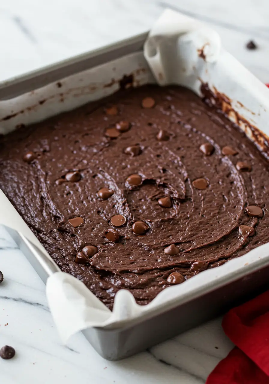 Eggless brownies batter in a baking pan lined with parchment paper.
