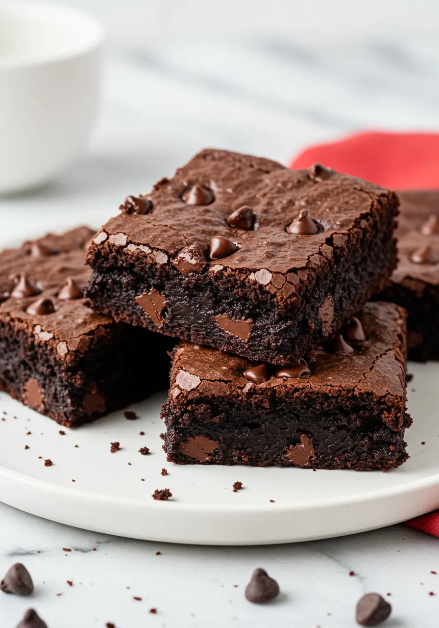 Eggless brownies on a white plate against a white marble surface.