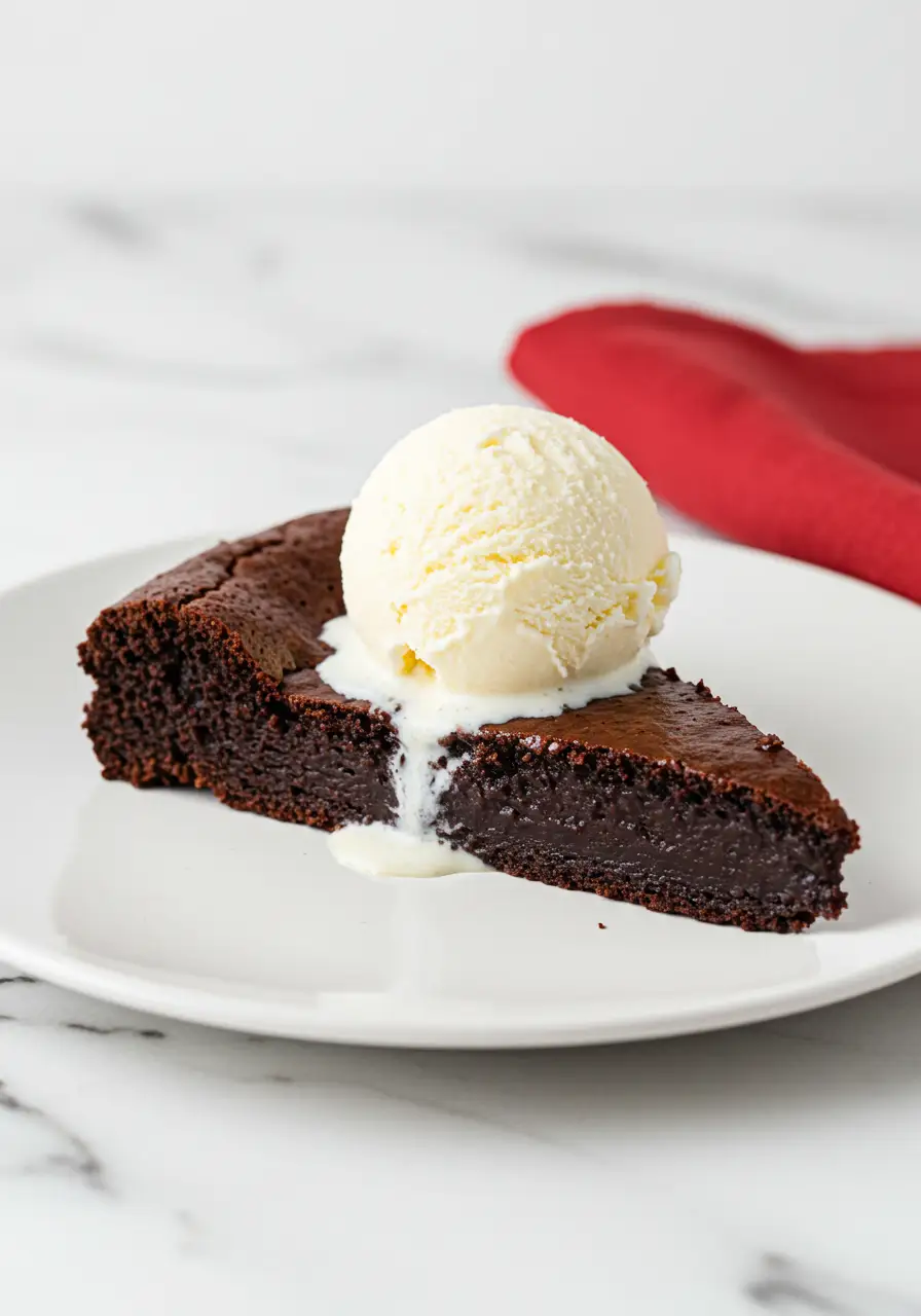 A slice of flourless chocolate cake with a scoop of vanilla ice cream placed on a white plate and a red napkin next to it.