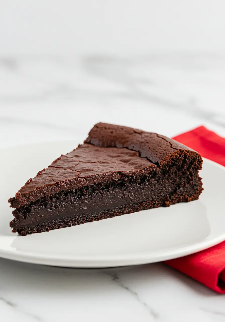 A slice of flourless chocolate cake is placed on a white plate and a red napkin next to it.