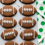 Football cookies on a light gray surface and a white napkin with green dots beside them.