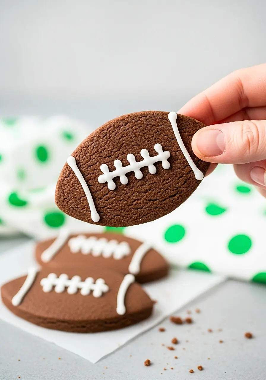 A hand holding a football cookie.