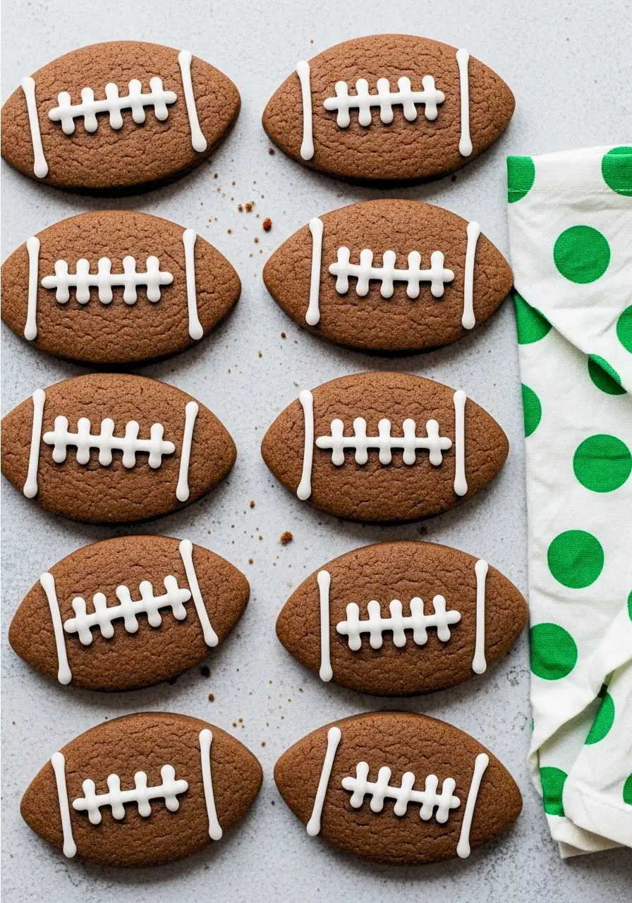 Football cookies on a light gray surface and a white napkin with green dots beside them.
