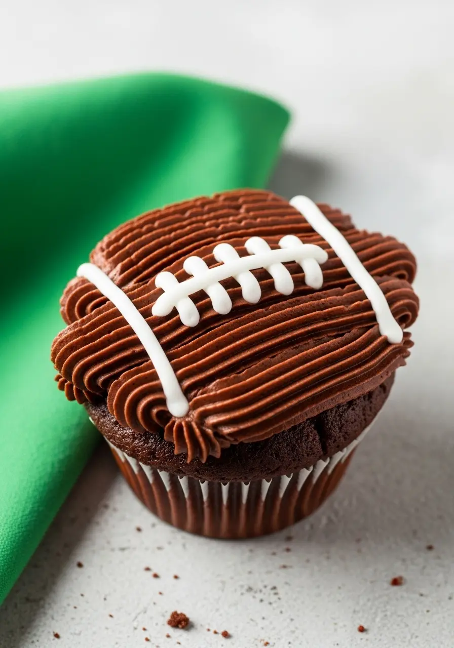Football cupcake on a light gray surface.