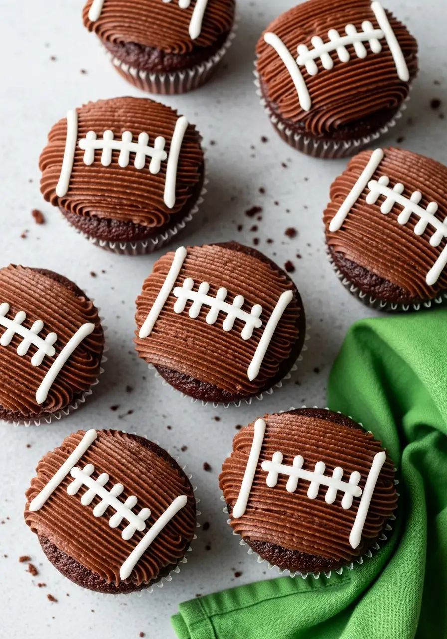 Football cupcakes with a green napkin beside them.