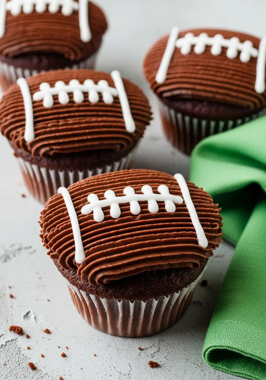 Football cupcakes on a light gray surface and a green napkin beside.