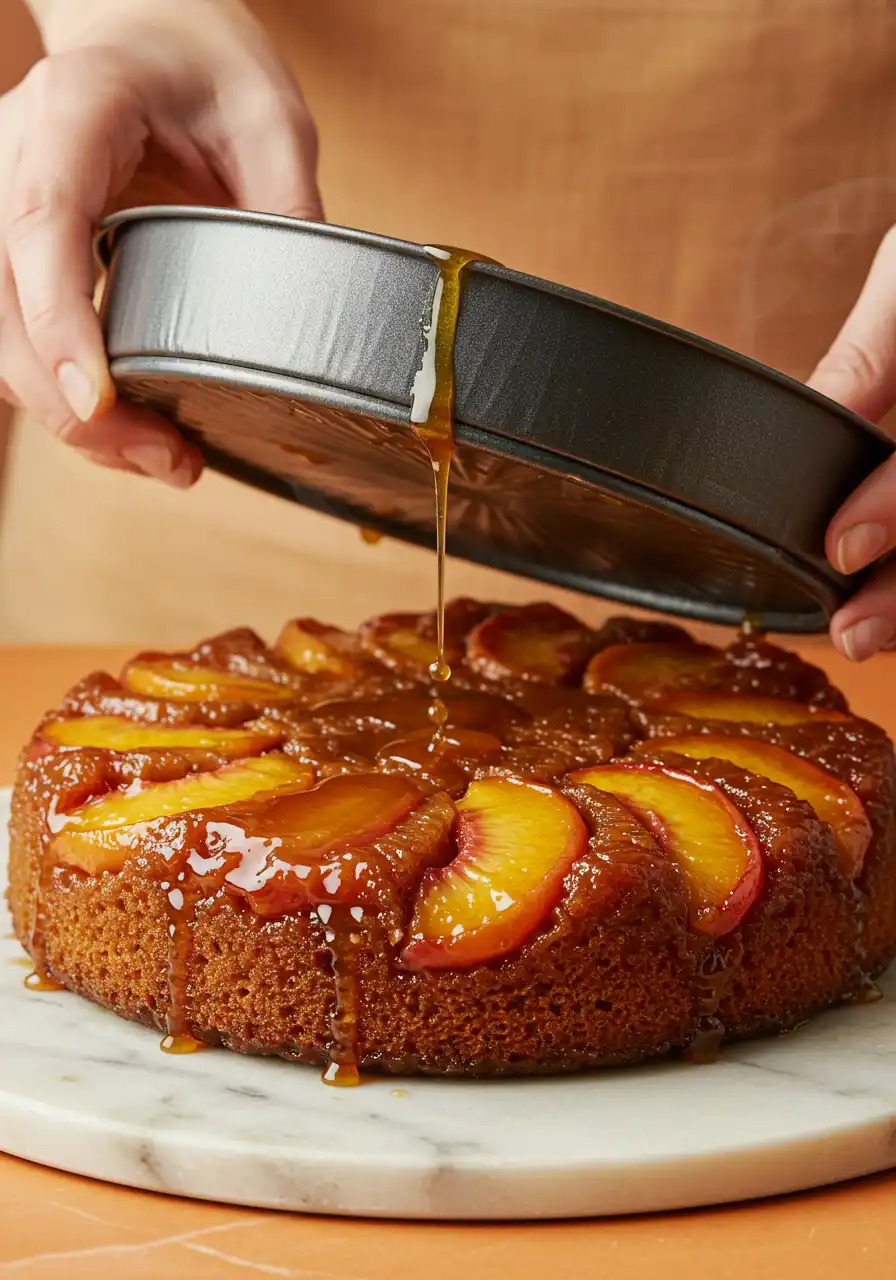 Peach upside down cake just being flipped on a white marble plate.