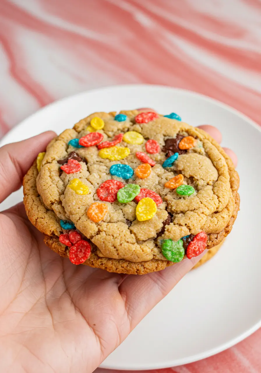 A single fruity pebbles cookie rest on the palm of the hand.