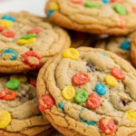 Fruity pebbles cookies on a white plate against a red surface.
