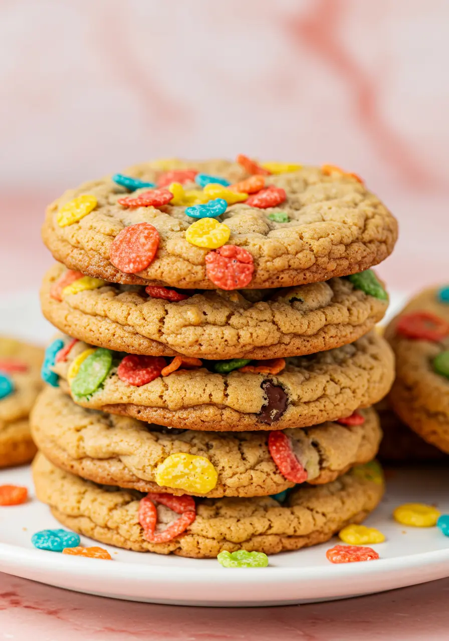 A stack of fruity pebbles cookies on a white plate.