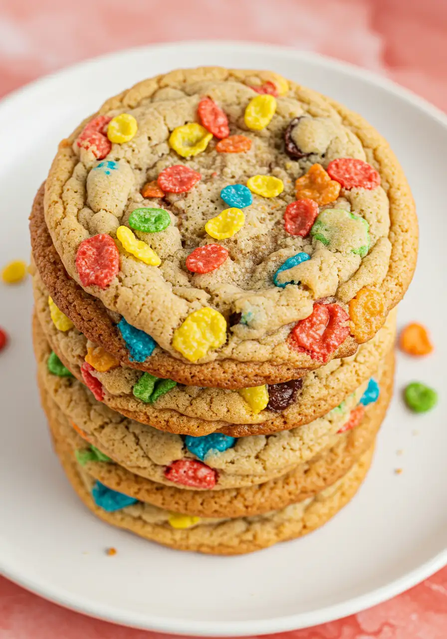 A stack of fruity pebbles cookies on a white plate against a red surface.