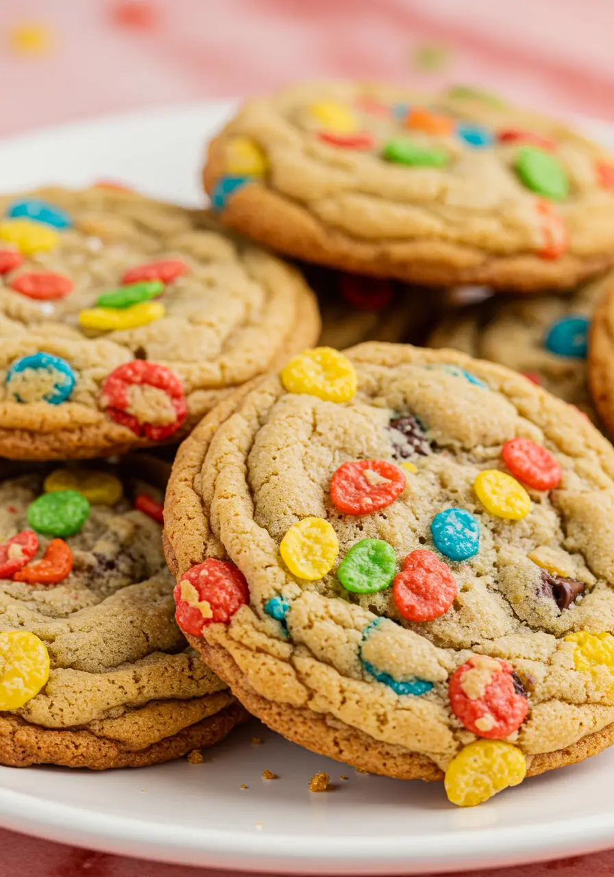 Fruity pebbles cookies on a white plate against a red surface.