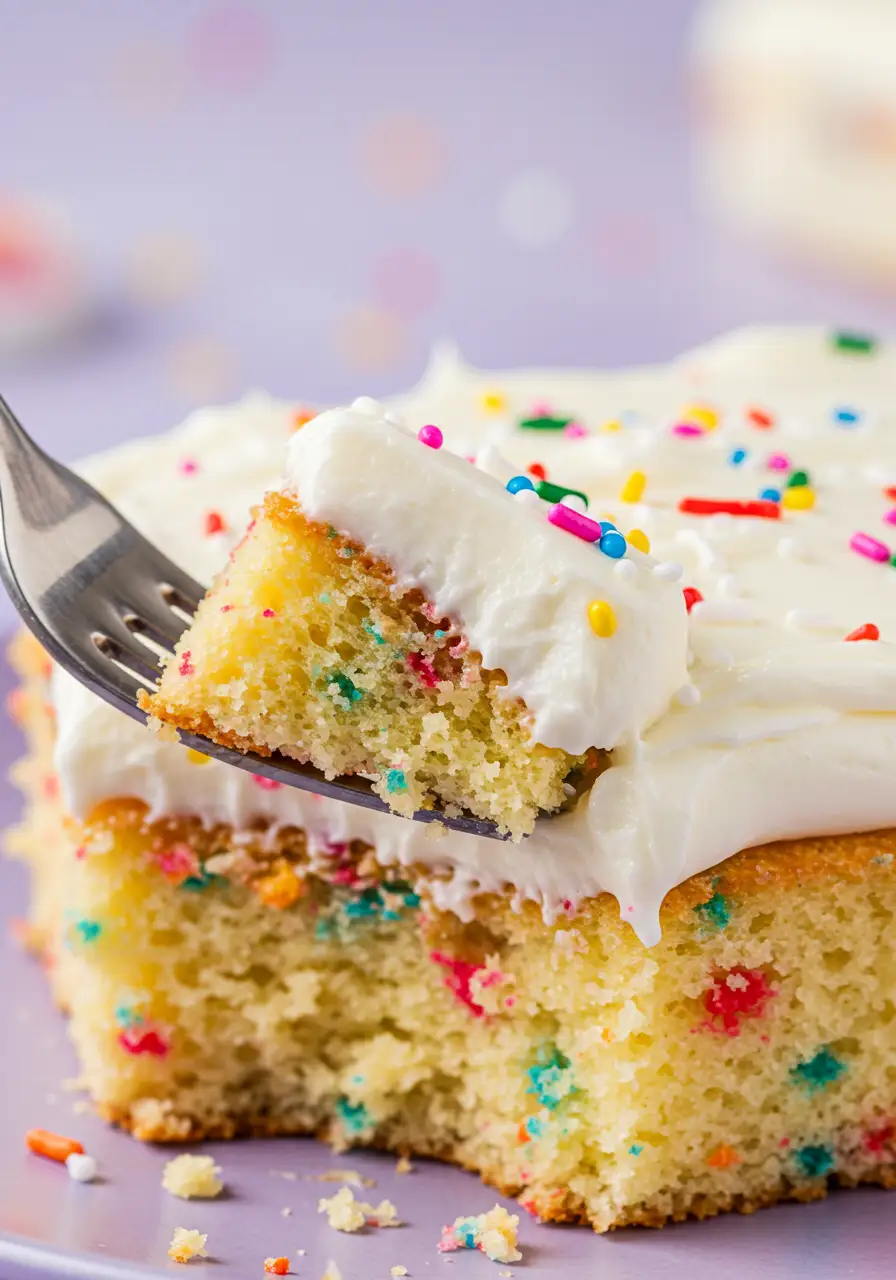 A slice of funfetti cake placed on a white plate with a forkful bite taken out of it.