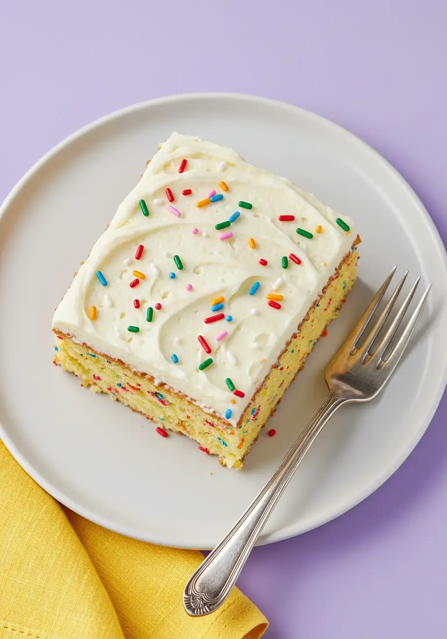 A slice of funfetti cake is placed on a white plate against a light purple surface and a fork next to it.