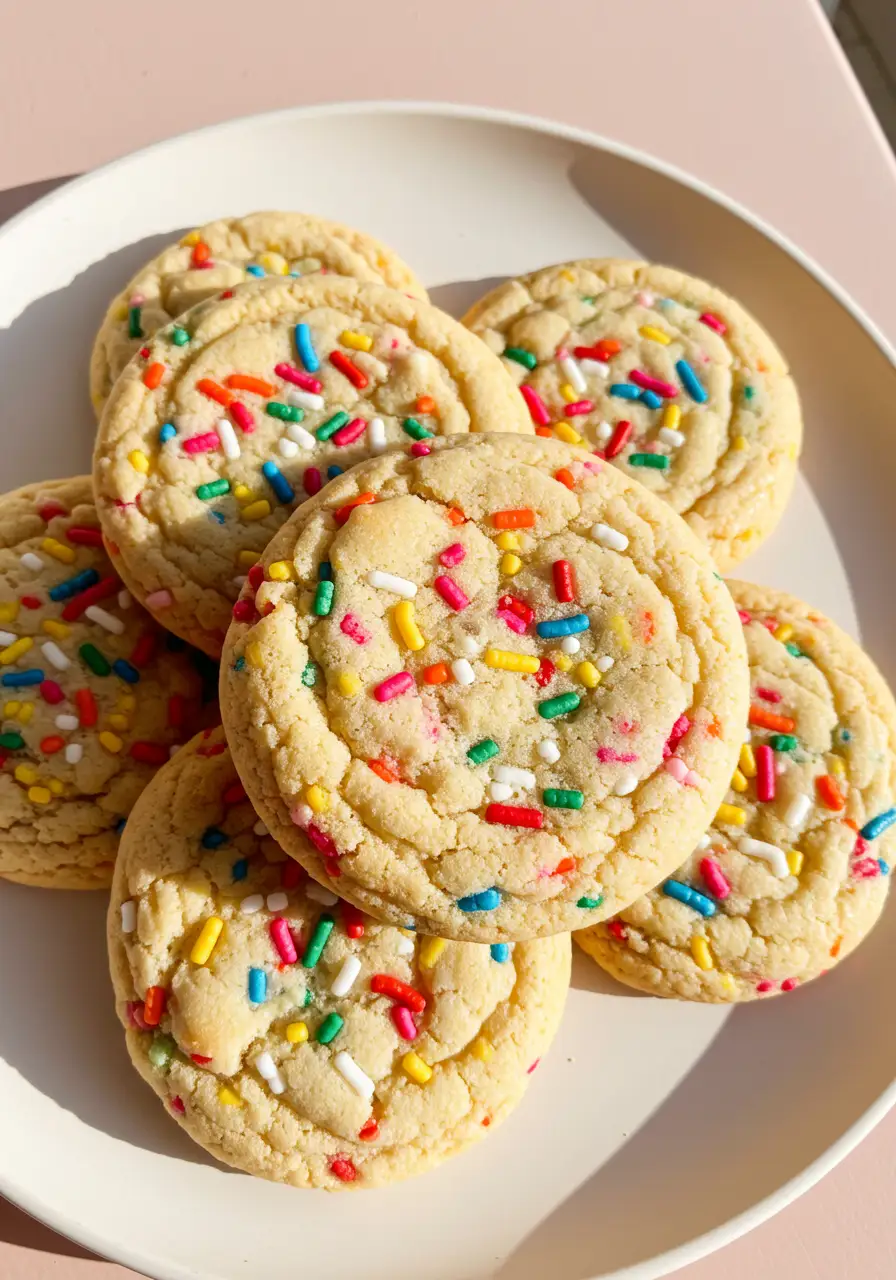 Funfetti cookies placed on a white plate.