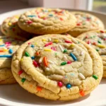 Funfetti cookies are placed on a white plate against a light pink surface.