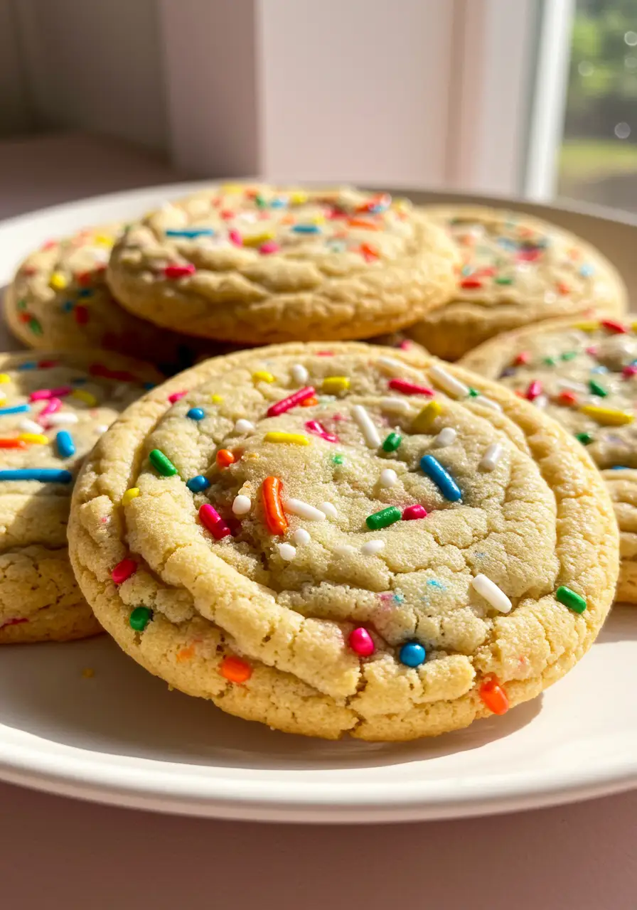 Funfetti cookies are placed on a white plate against a light pink surface.