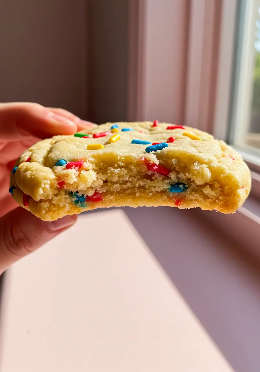 A hand holding one funfetti cookie with a bite taken out of it.