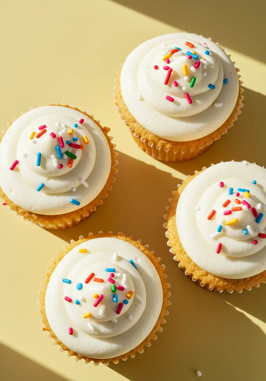 Four funfetti cupcakes on a light-yellow surface.