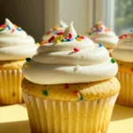 Funfetti cupcakes on a light-yellow surface.