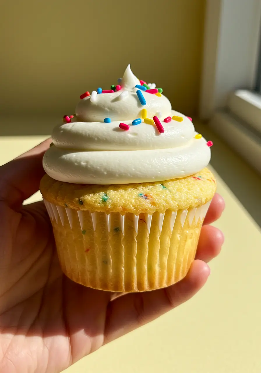 A hand holding a funfetti cupcake.
