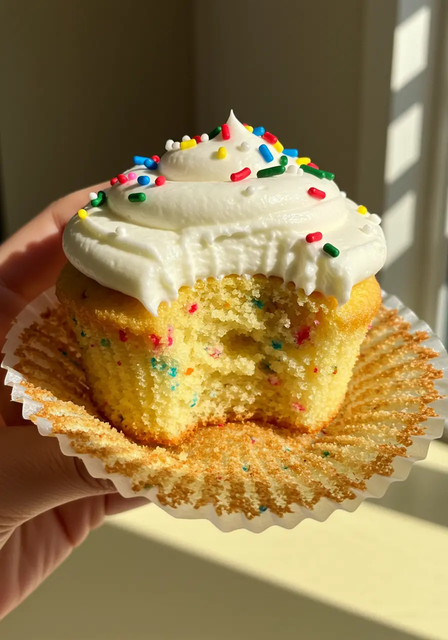 A hand holding one funfetti cupcake with a bite taken out of it.