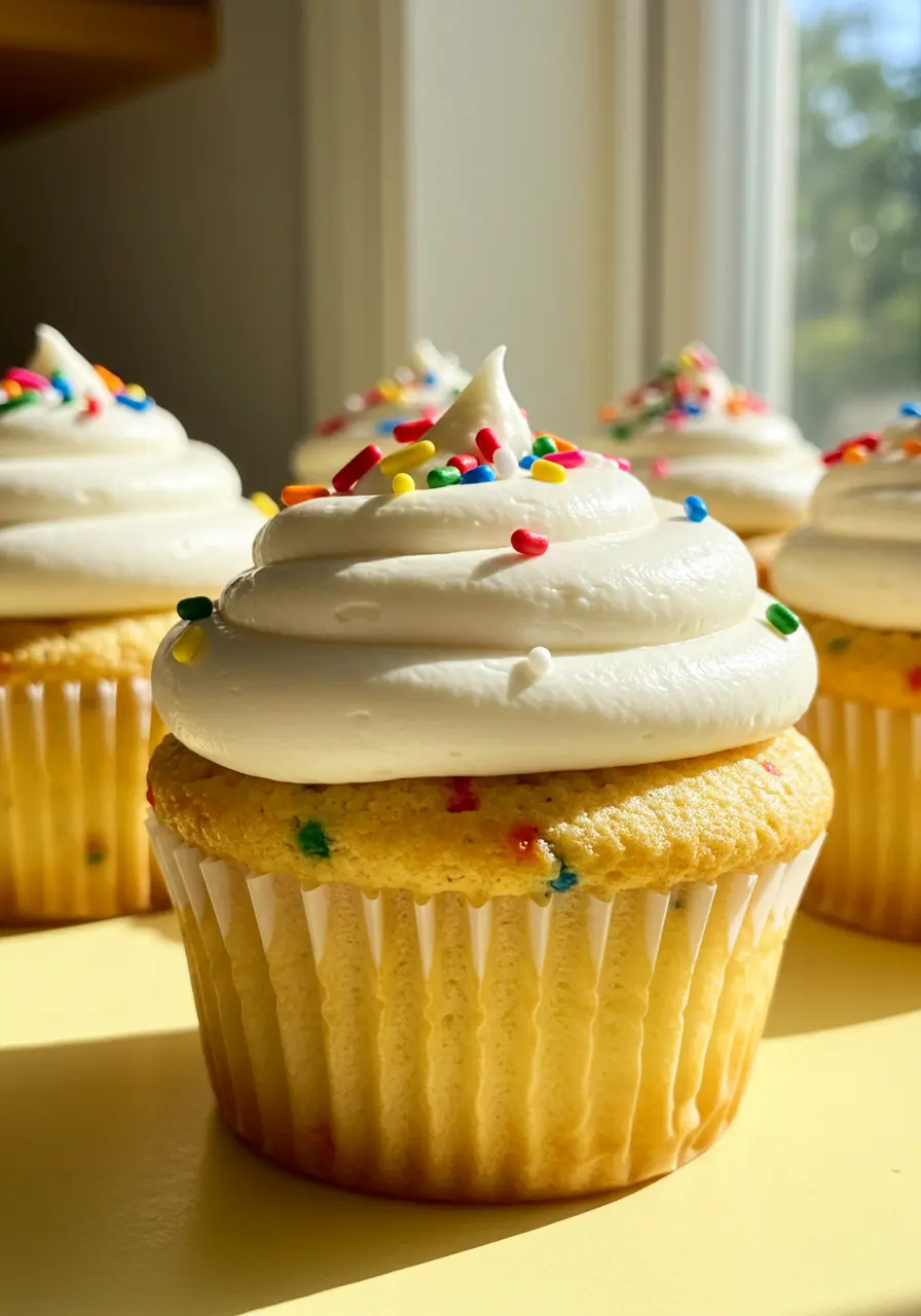 Funfetti cupcakes on a light-yellow surface.