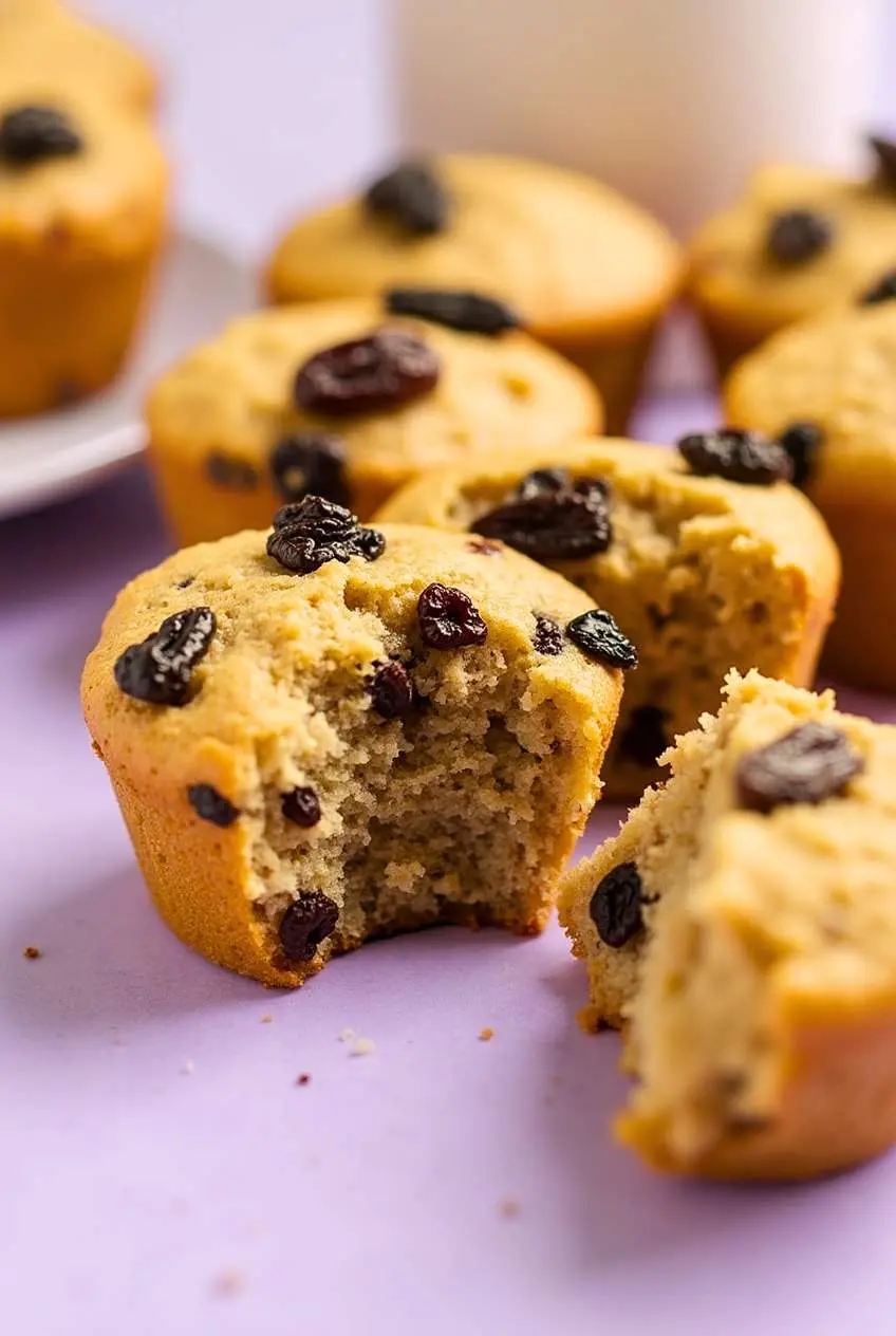 A couple of gabs raisin muffins recipe sits on a light purple surface, with some muffins having a bite taken out of them.