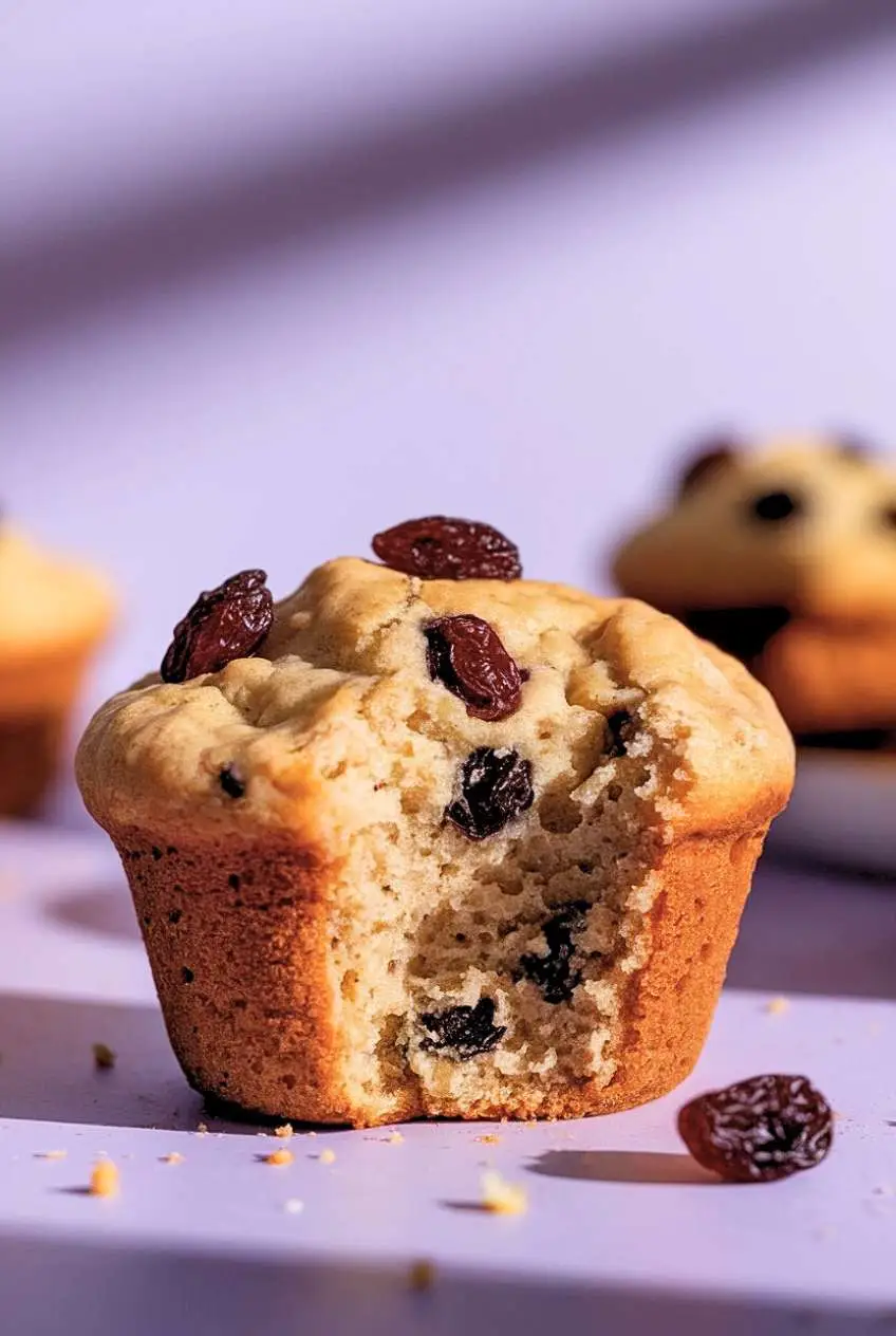 Gabs raisin muffin set on a light purple surface, with a bite taken out of it.