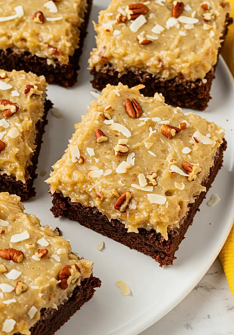 German chocolate brownies on a white plate and a yellow napkin next to it.