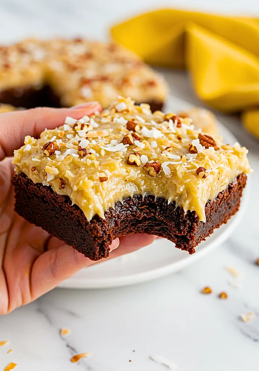 A hand is holding a German chocolate brownie with a bite missing.