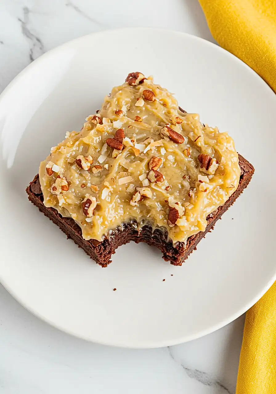 Single German chocolate brownie on a white plate with a bite taken out of it.