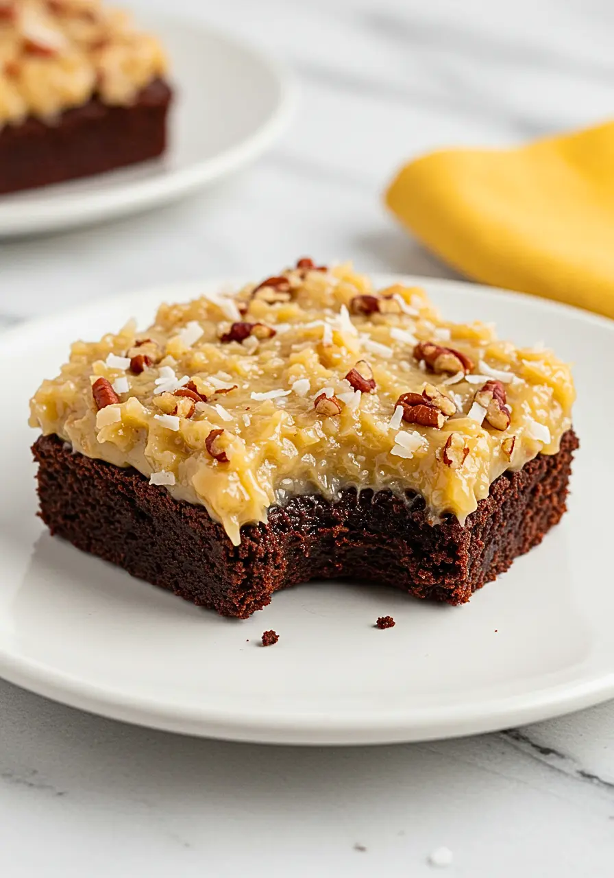 Single German chocolate brownie with a bite taken out of it placed on a white plate.