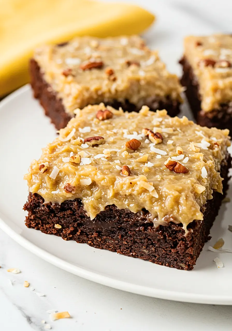 German chocolate brownies on a white plate.