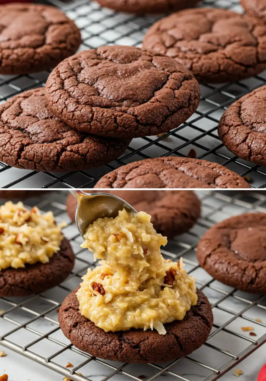 The cookies on a cooling rack and a spoon spooning the frosting on them.
