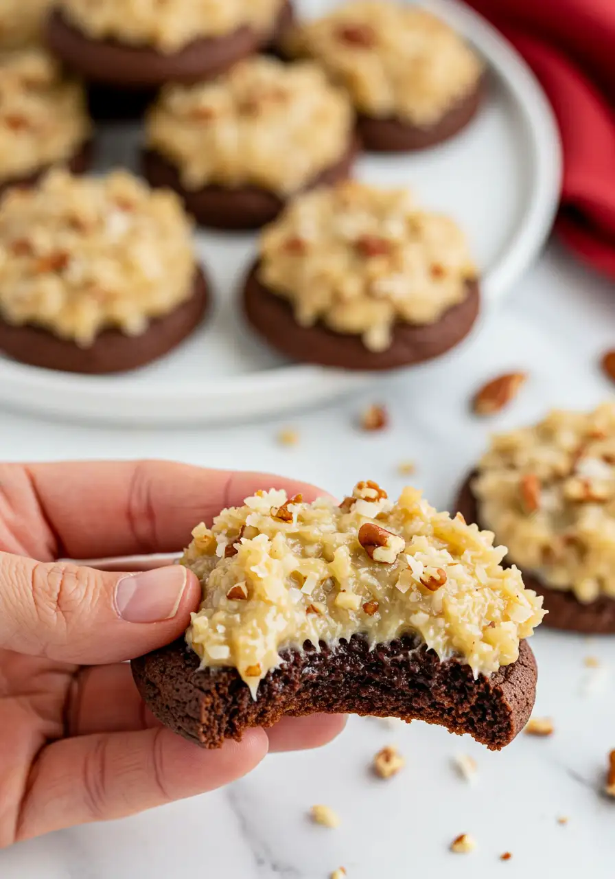 A hand holding a German chocolate cookie with a bite taken out of it.