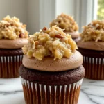 German chocolate cupcakes on a white marble surface.