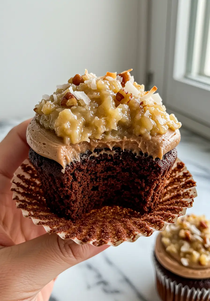 A hand holding one German chocolate cupcake.