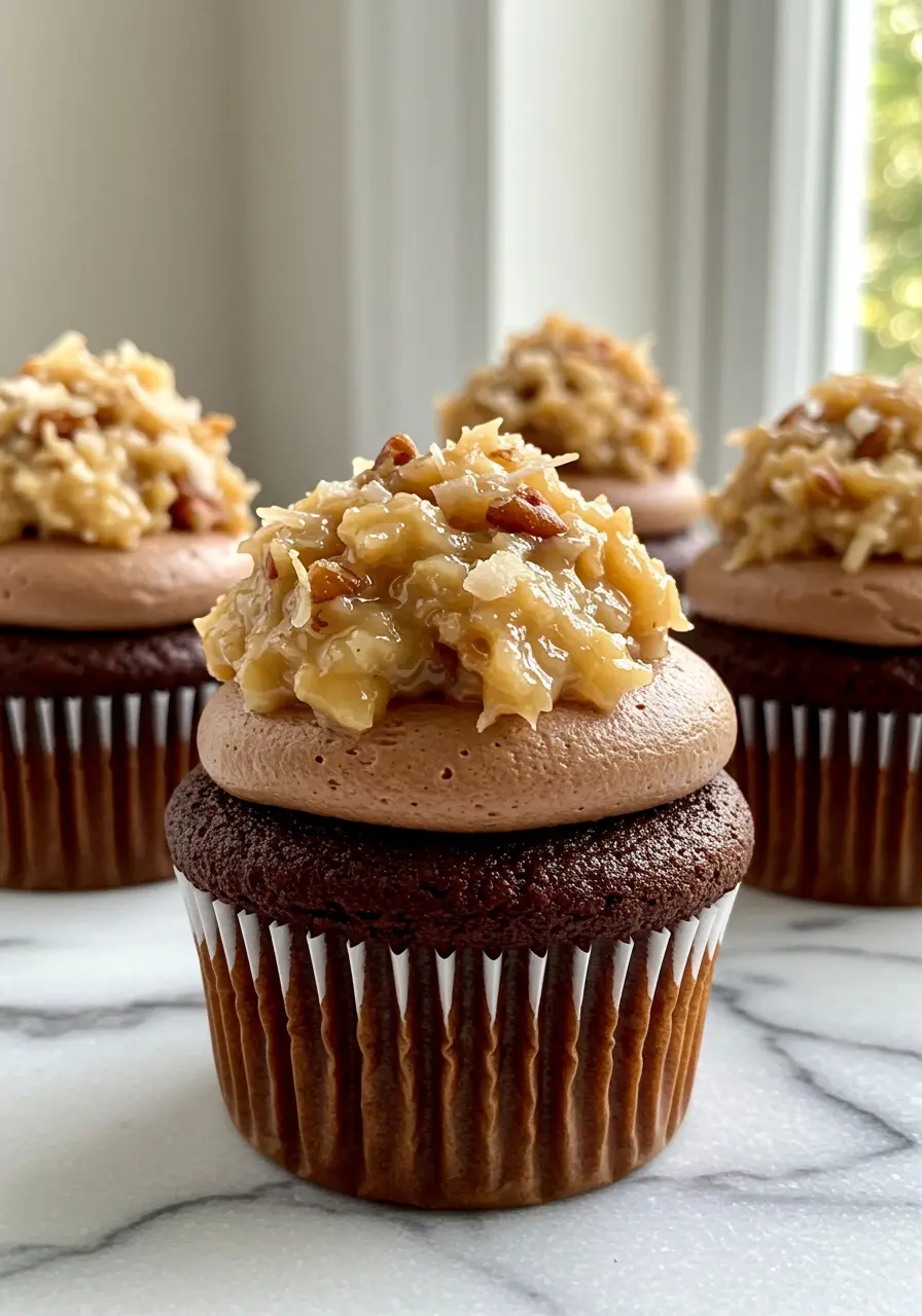 German chocolate cupcakes on a white marble surface.