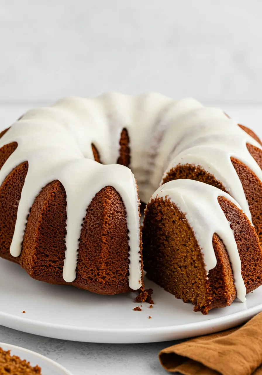 Gingerbread bundt cake with a slice cut from it placed on a white plate.