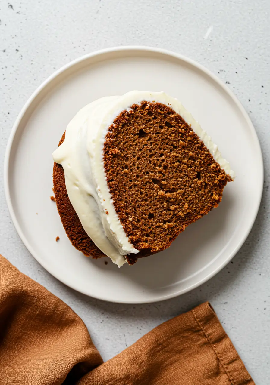 A slice of gingerbread bundt cake on a white plate and a brown napkin around.