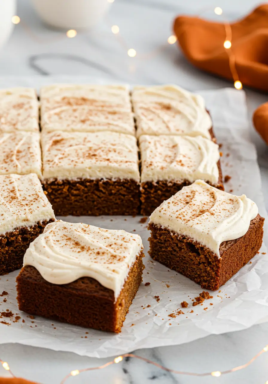 Gingerbread cake frosted with cream cheese and cut into slices over parchment paper.
