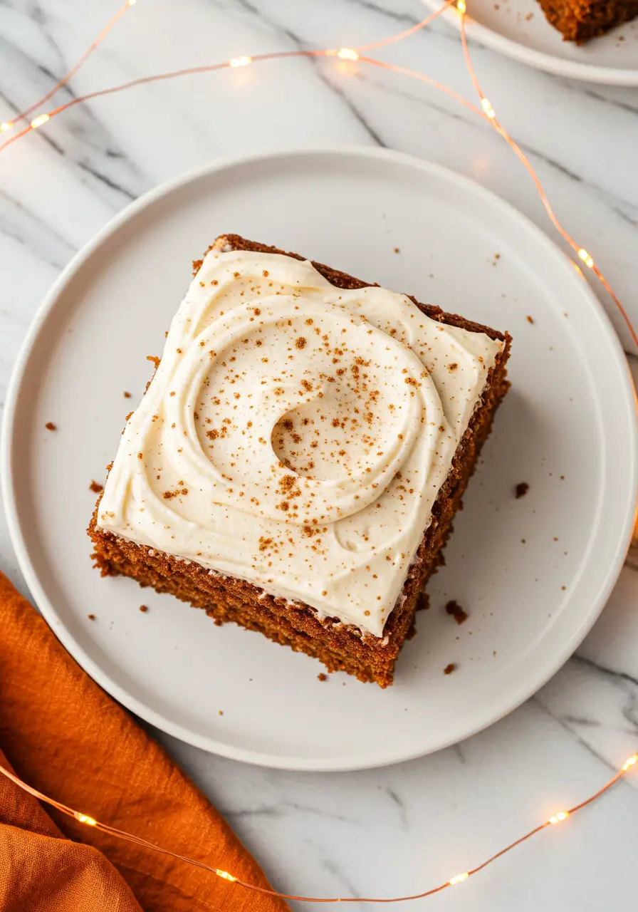 A single slice of gingerbread cake on a white plate.