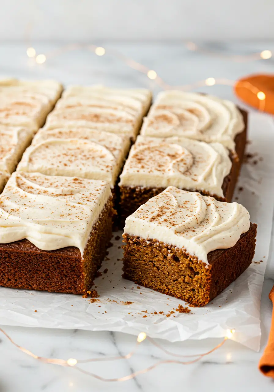 Gingerbread cake cut into slices and placed over a piece of parchment paper.