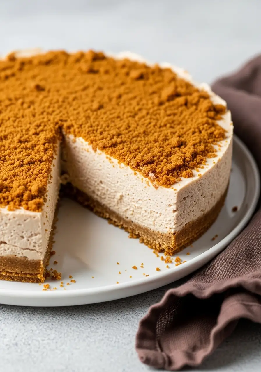 Gingerbread cheesecake on a white plate with a slice missing.