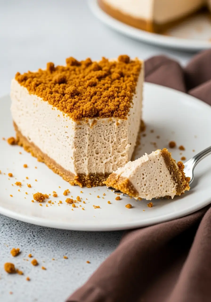 A slice of gingerbread cheesecake on a white plate with a forkful bite.