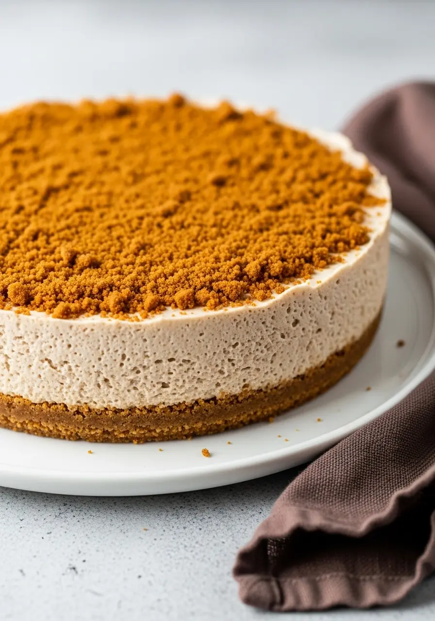 Gingerbread cheesecake on a big white plate and a brown napkin next to it.