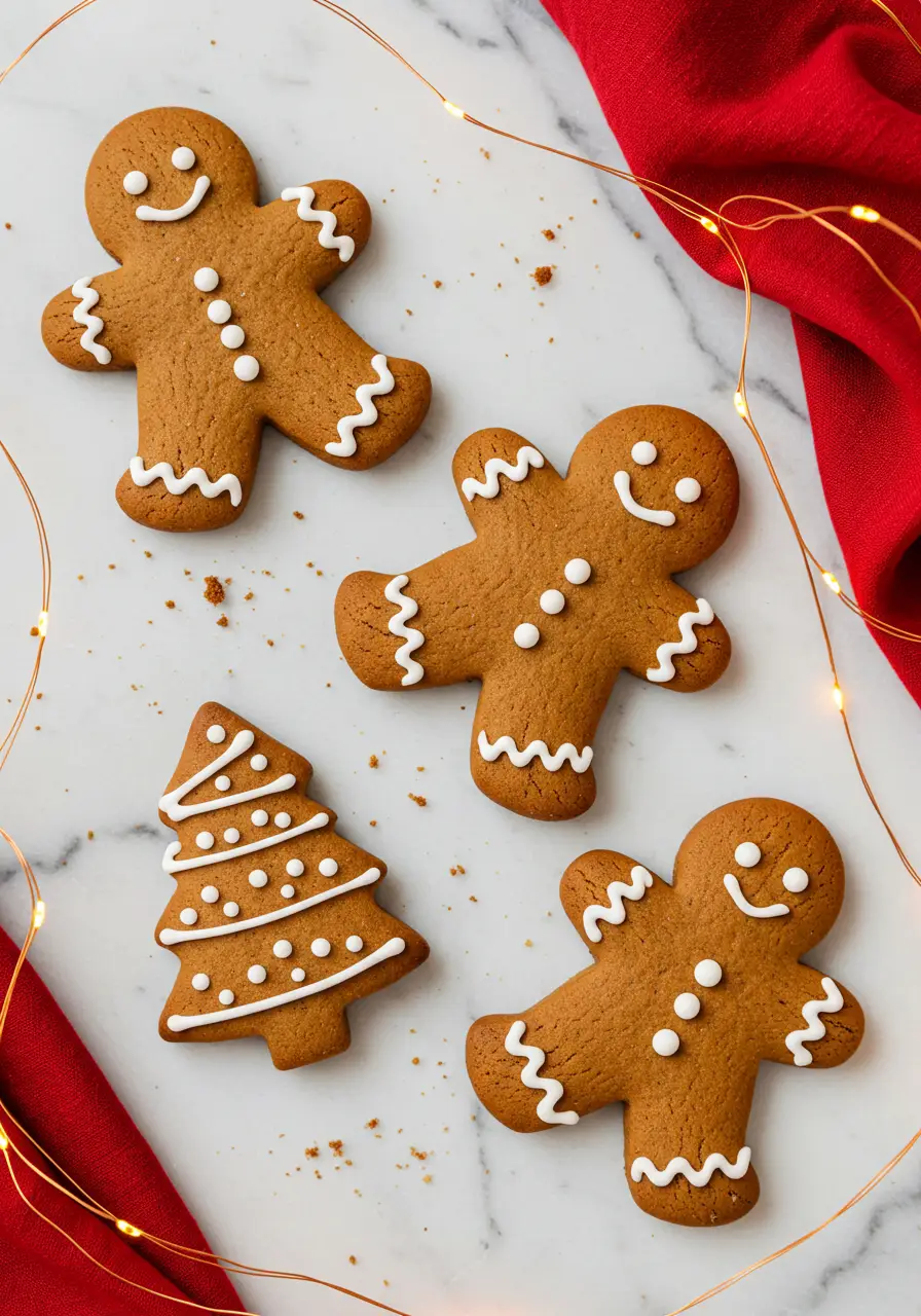 Gingerbread cookies on a marble surface and led strings glowing around.