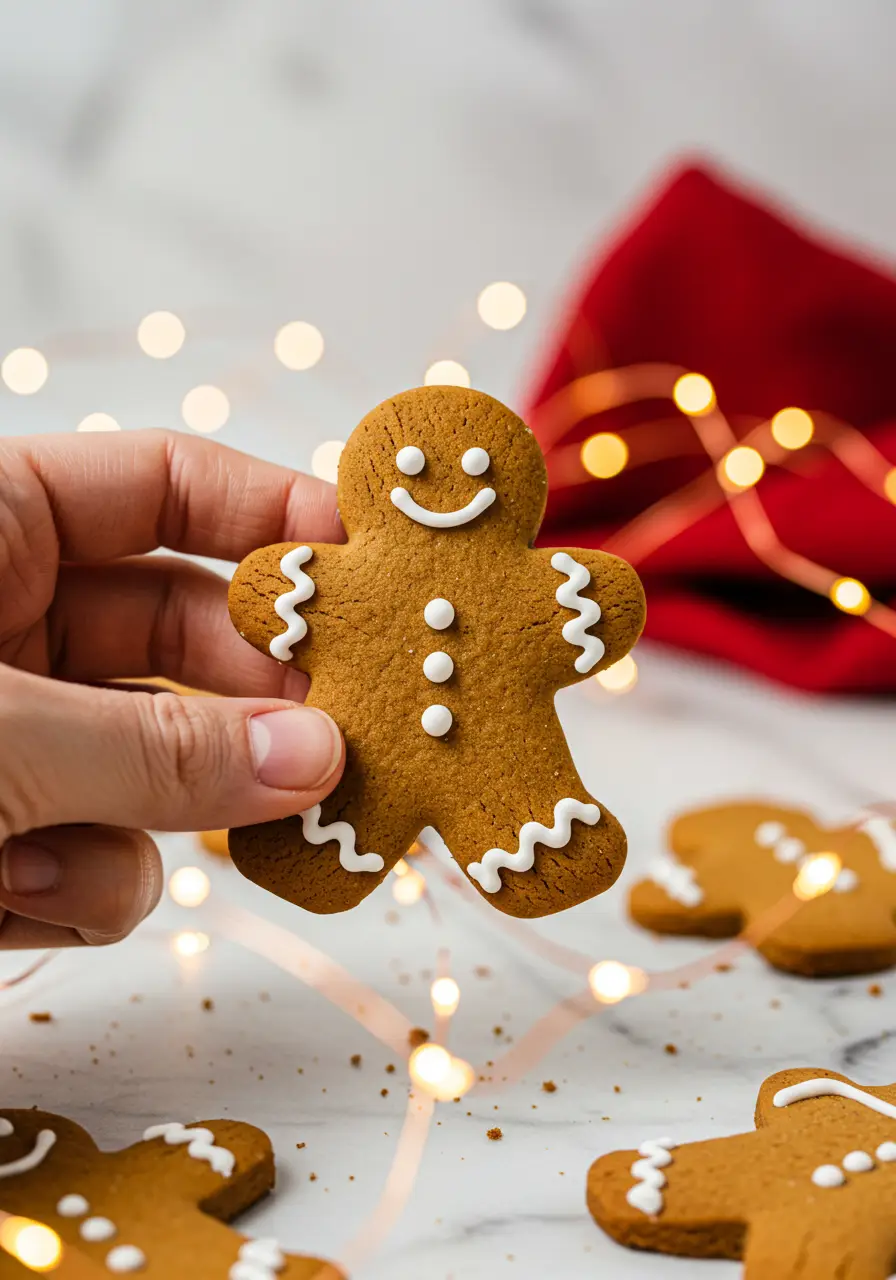 A hand holding a gingerbread cookie.