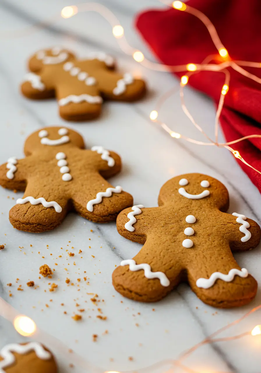 Gingerbread cookies on a marble surface and a red napkin nearby.
